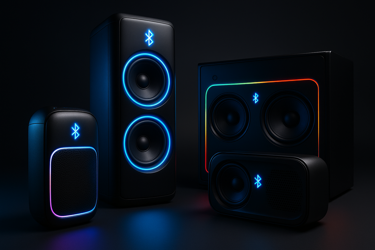 haz parlantes y cabinas bluetooth llamativos en un fondo oscuro