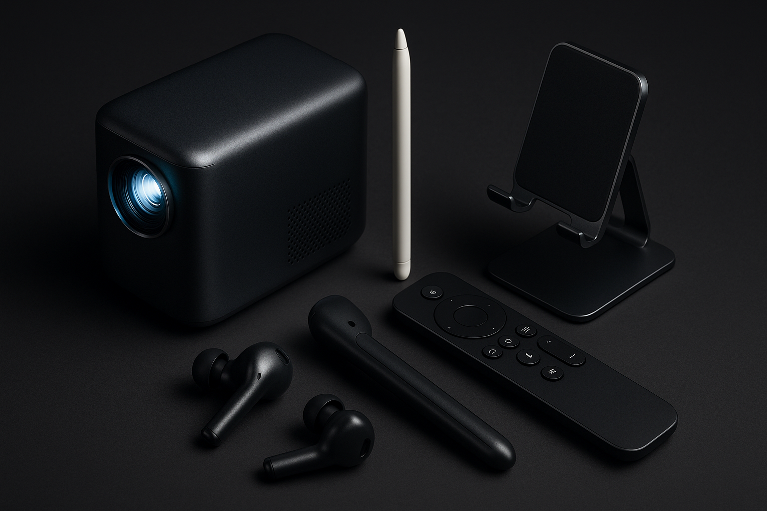 haz proyector lapiz para ipad y control para tv y un par de accesorios de una forma llamativa en un fondo oscuro