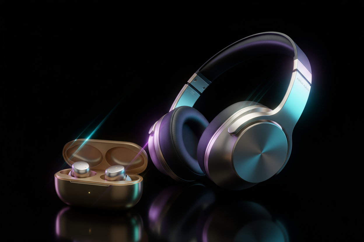 HAZ UNA IMAGEN DE AUDIFONOS Y AURICULARES LLAMATIVA EN UN FONDO NEGRO