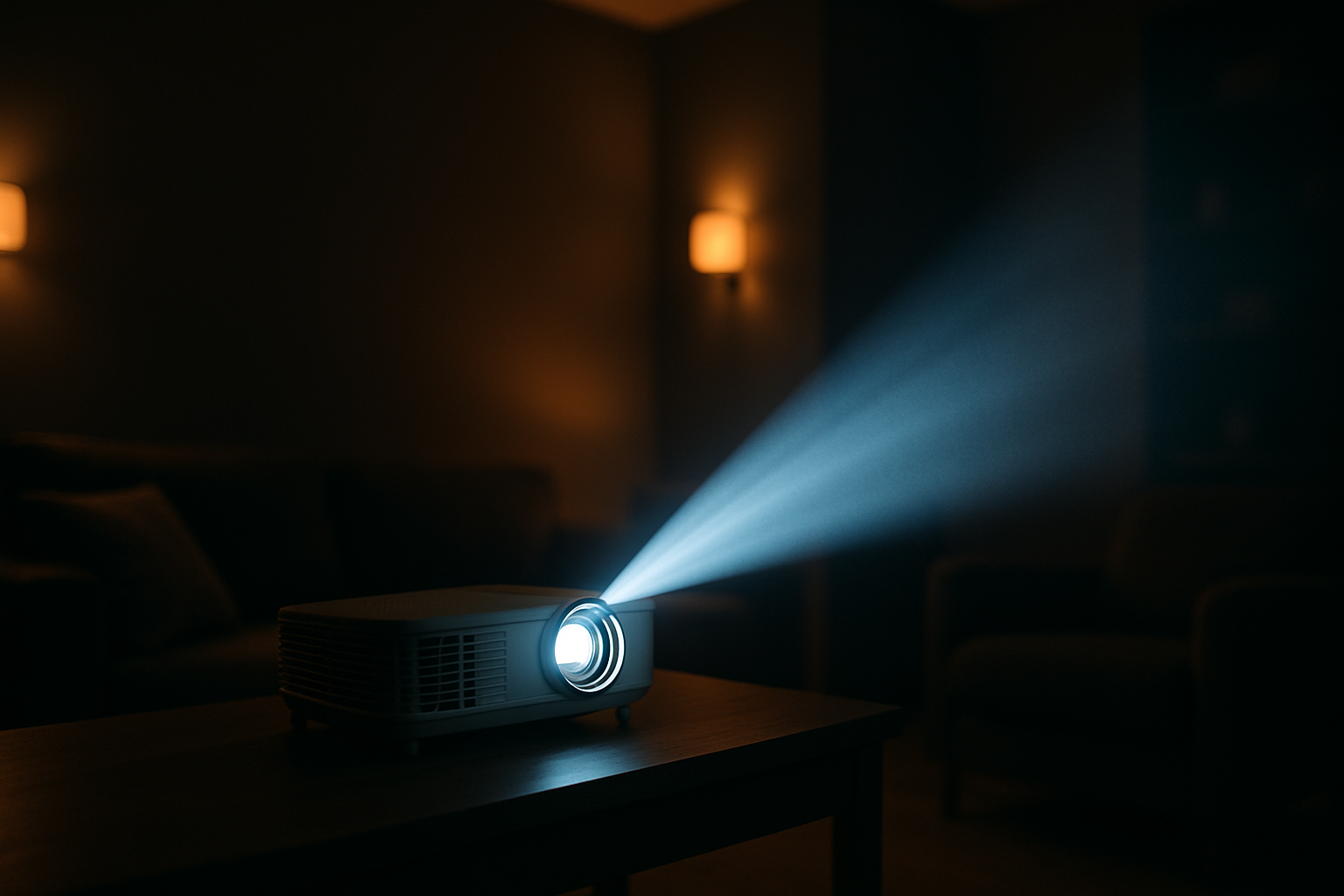 haz una imagen en un fondo oscuro de un proyector de video en uso en una sala de la casa
